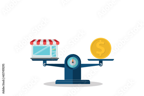 Shop and a stack of coin on the scale. Small business concept.