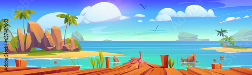 Old wooden pier on sunny beach. Vector cartoon illustration of beautiful summer seascape with palm trees, tropical nature, seagulls flying in blue sky with clouds above coastline, rocky stone island
