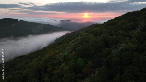 aerial over ridgetop at sunrise in appalachia between boone and blowing rock nc, north carolina photo