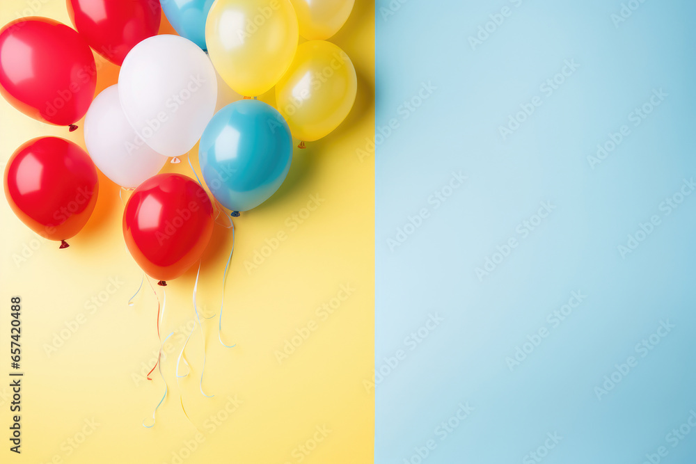 Colorful balloons on pastel background with copy space for greeting card