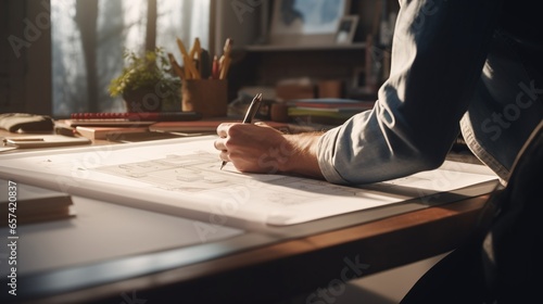 Architects interior designer hands working with Blue prints and documents for a home renovation for house design.