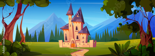 Medieval royal castle surrounded by forest with trees and rocky mountains. Cartoon vector landscape with fairytale king and princess palace with towers and gates. Pathway to dream kingdom house.