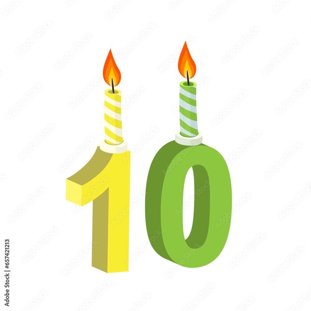 Year 10 birthday. Anniversary celebration with a burning candle, vector illustration Year 10 birthday. Anniversary celebration with a burning candle, vector illustration