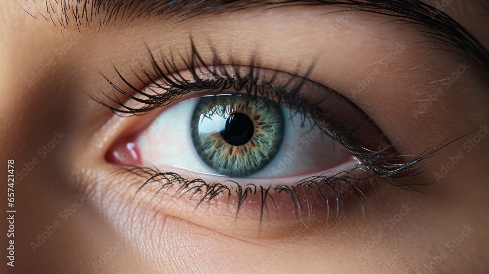 Extreme macro close up of a blue eye of a girl - obrazy, fototapety, plakaty 