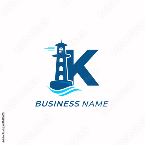 design logo creative letter K and lighthouse beach