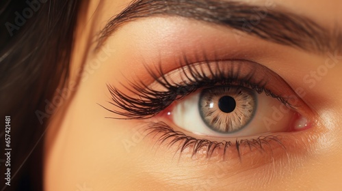 Extreme close-up macro portrait of face. Young adult beautiful pretty woman's eyes looking at camera. Brown eyes of teen girl female. Caucasian woman opening blinking eyes, smiling © Twinny B Studio