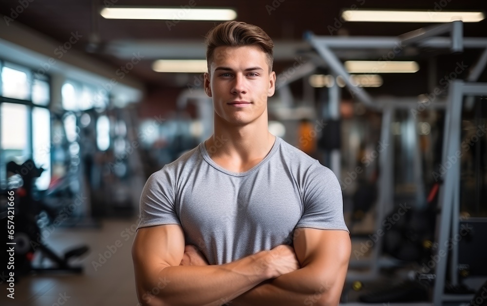 A young man does sports in the gym and looks at the camera. Generative AI A young man does sports in the gym and looks at the camera. Generative AI