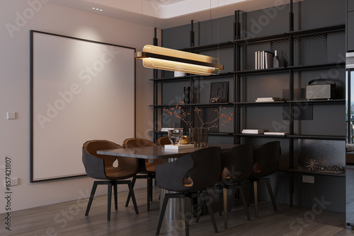 Blank White and Black Border Frame On the White Wall, Simple LED Chandelier, Black Shelves, Black Dining Set-up, 3D rendering