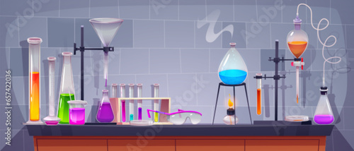 Glass equipment on table in laboratory during chemistry experiment. Cartoon vector illustration of glassware with colorful liquids in science lab. Scientific or medical research test flask and beakers