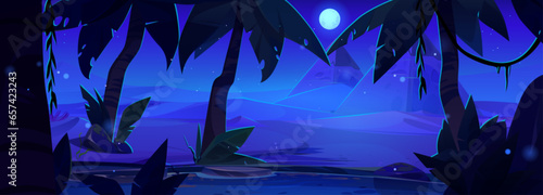Egyptian desert landscape with oasis at night under moonlight. Cartoon vector dark midnight landscape with lake and palm trees on skyline with pyramids in sand. Summer african scene in twilight.