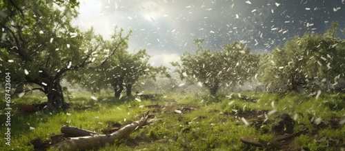 A devastating hailstorm wrecked all the fruit trees in the plum orchard with very limited visibility With copyspace for text