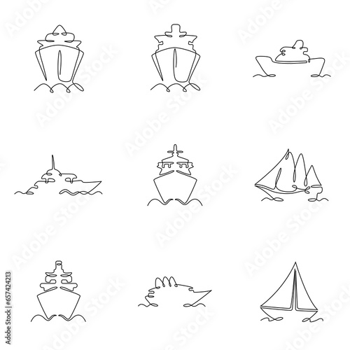 Ships, boats, cargo, logistics, transport and delivery. Ship icons. Marine set. Vessel, sailboat and ocean cargo ship. One continuous line. Linear. Hand drawn, white background.