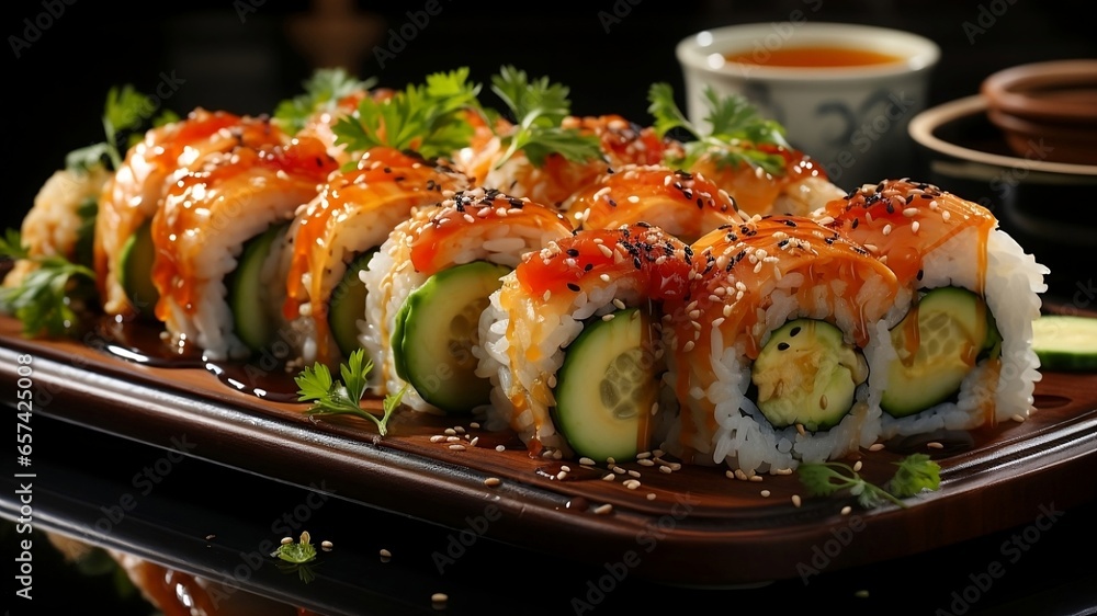 Savor the authentic taste of sushi, skillfully prepared rolls with chopsticks on a charming wooden desk Savor the authentic taste of sushi, skillfully prepared rolls with chopsticks on a charming wooden desk