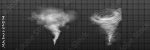 3d tornado wind and hurricane twister storm vector. Whirlwind swirl cyclone. Isolated realistic air vortex effect. Cloud funnel with white circle smoke disaster. Nature weather whirlpool phenomenon
