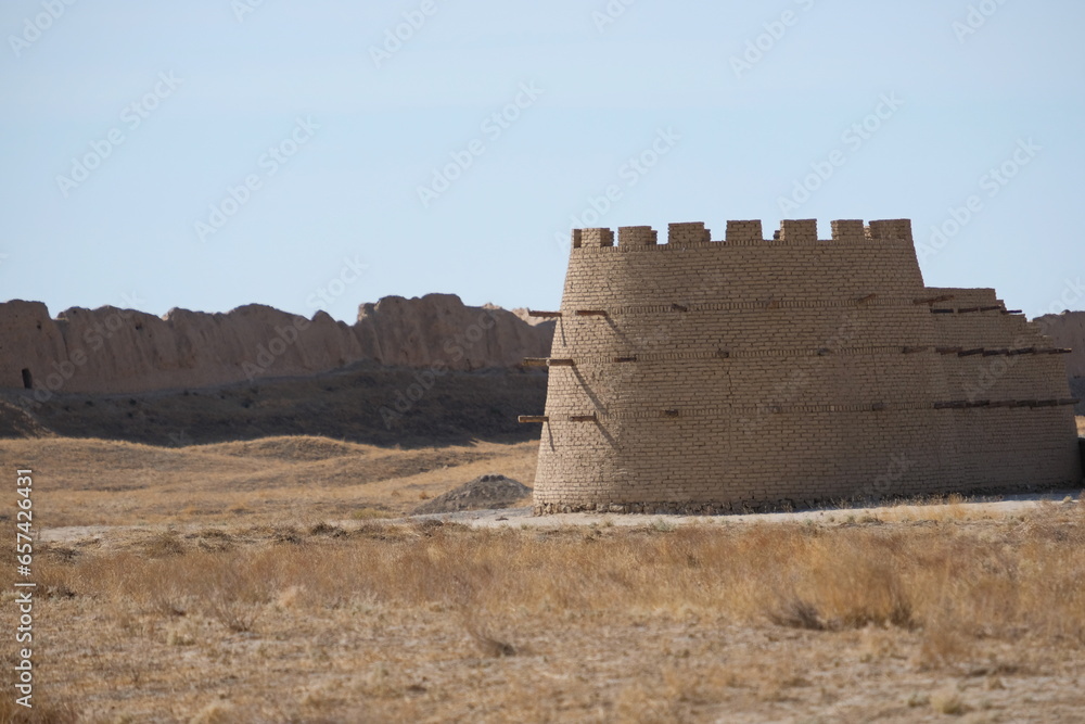 Turkestan, Kazakhstan - 10.15.2019 : Ruins of the ancient city of Sauran of the 10th century.