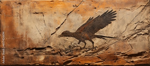 Early Cretaceous China fossil depicts Archaeopteryx with feather With copyspace for text photo