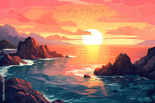 Sunset over the sea. Vector illustration in a flat style.