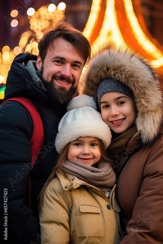 A winter closeup photo of family at Christmas on a background of a city with garlands. Generative AI
