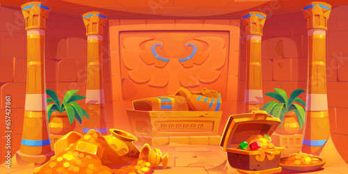 Egyptian pyramid interior with sarcophagus and piles of gold on floor. Vector cartoon illustration of ancient pharaoh tomb inside with pillars, flower pots, treasure chests full of money and gemstones