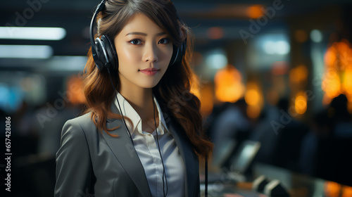 Beautiful woman in headphones with microphone in call center in office