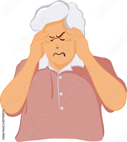 Cartoon drawing of an elderly man with headache dizziness. Ischemic stroke and brain disease Alzheimer's disease, vector illustration