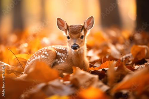 Cute little fawn in the autumn forest.