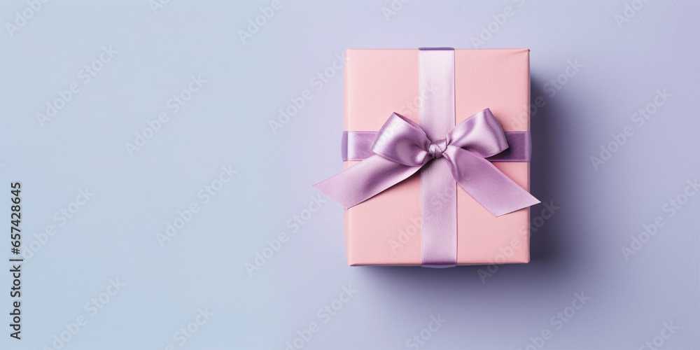 Banner with pastel pink colored gift box with copy space