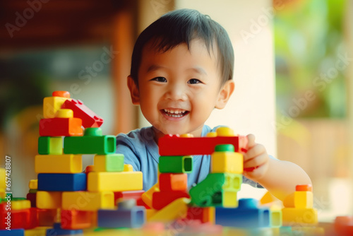 Cute Asian boy playing with colorful building blocks in kindergarten