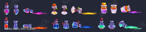 Magic potion bottle animation with spill vector. Fantasy witch glass elixir icon set. Full and empty alchemist jar asset ui design. 2d cork antidote phial isolated wizard rpg gui sheet concept.