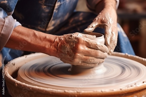 A man creating a ceramic vase on a pottery wheel