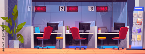 Bank customer service office interior - cartoon vector illustration. Financial company room from inside with workplaces with chairs, glass partitions and monitor, stand with brochures and green plant.