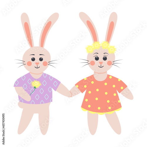 Cute rabbits in love. Bunny boy with dandelion holding bunny girl by the hand. Cartoon forest characters.