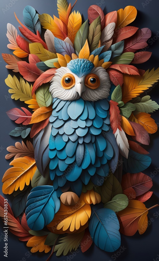 Naklejka premium 3D animal mural wallpaper with colorful leaves and feathers. Generative AI