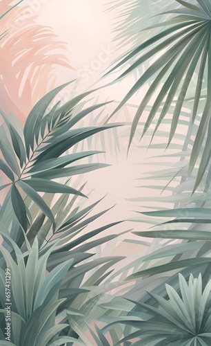 Tropical wallpaper in delicate pastel powdery, monochrome colors. Palm leaves and bamboo. Jungle, and Jungalow Style, Generative AI