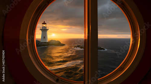 Lindesnes fyr, historic lighthouse in norway, seen through a rounded window  photo