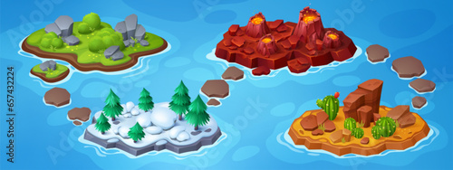 Adventure game ui level map with island in ocean vector background. Volcano land, forest in snow platform, desert with cactus and stone in grass fantasy journey board for expedition 2d illustration