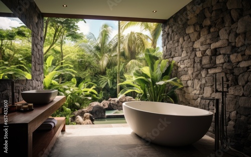 Stylish minimal design bathroom with tropical vibe, stone walls and lush jungle view. Generative AI