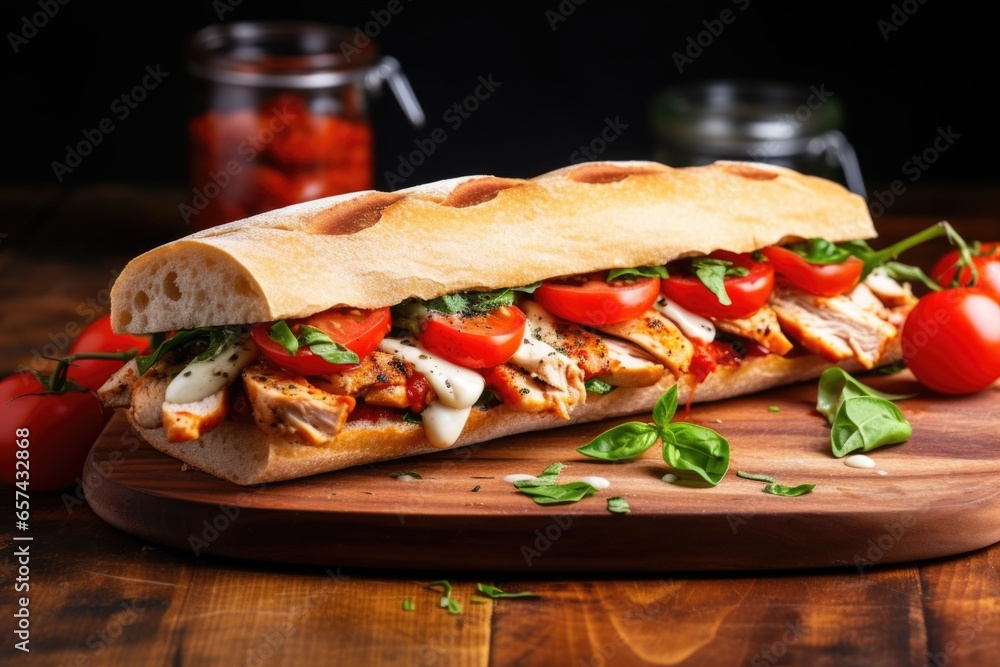 baguette sandwich with grilled chicken and tomatoes baguette sandwich with grilled chicken and tomatoes