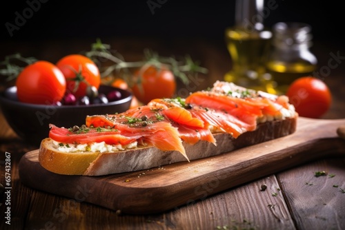 open-faced baguette sandwich with smoked salmon
