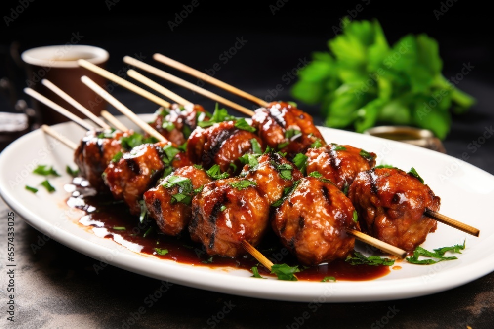 bbq meatball skewers garnished with fresh parsley