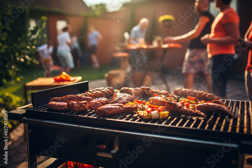 Assorted delicious grilled meat on barbecue grill. Family and friends having a barbecue party with fun. Dinner party and weekend activity concept. Generative AI.