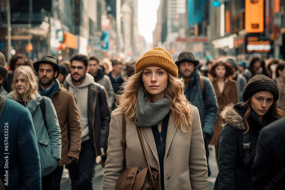 Crowd of people walking on city street in rush hour. City life with busy people and transportation. Generative AI. Crowd of people walking on city street in rush hour. City life with busy people and transportation. Generative AI.