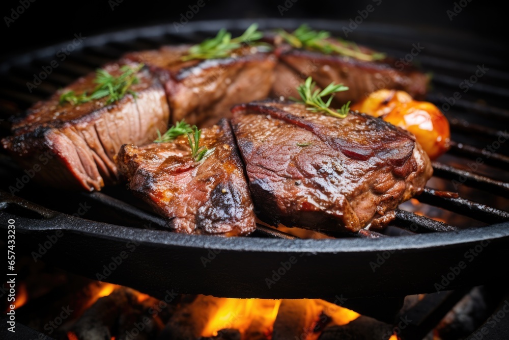 sizzling beef brisket slices on a cast-iron grill