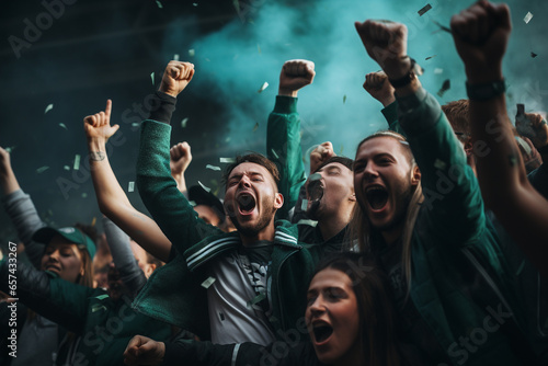Excited sport fans celebrating and cheering their team in stadium. Football fans watching football match. Sport, human emotions, entertainment concept. Generative AI.