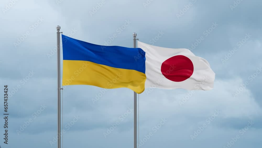 Japan flag and Ukraine flag waving together on cloudy sky, endless seamless loop, two country relations concept Japan flag and Ukraine flag waving together on cloudy sky, endless seamless loop, two country relations concept