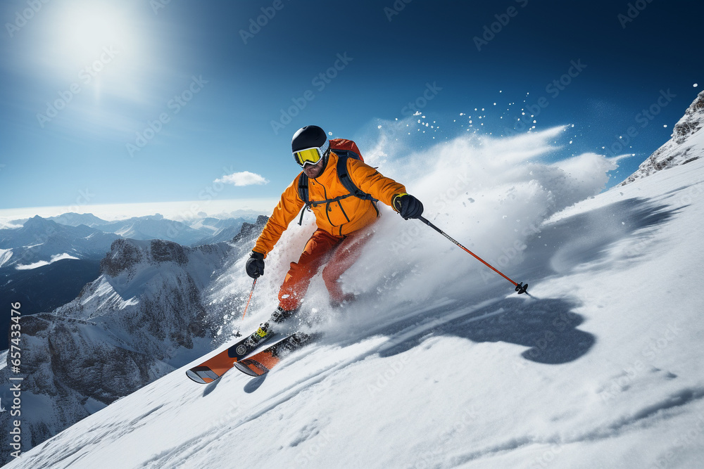 Skier skiing and jumping on snowy slope in the mountains. Adventure sport activity in the winter season. Generative AI.