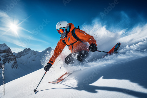 Skier skiing and jumping on snowy slope in the mountains. Adventure sport activity in the winter season. Generative AI. © pingpao