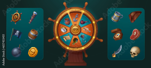 Pirate game spin wheel with slot ui fortune icon set. Isolated bottle with treasure map, skull coin, parchment and flag collection for gui roulette interface. Lucky lottery to play and win bonus