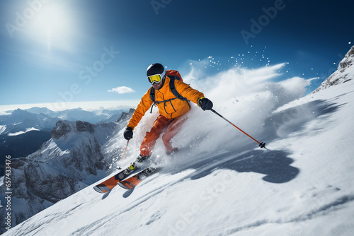 Skier skiing and jumping on snowy slope in the mountains. Adventure sport activity in the winter season. Generative AI. © pingpao
