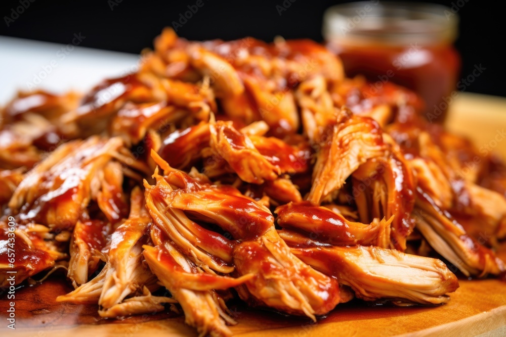 zoom-in onto pulled chicken pieces slathered in bourbon bbq sauce